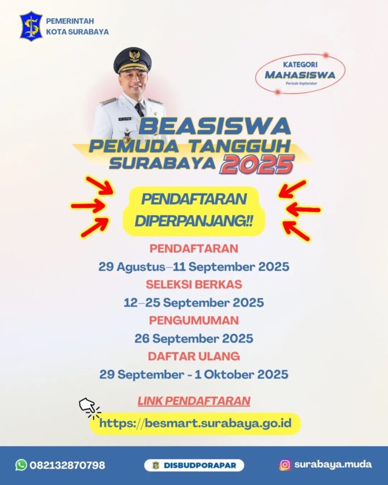 BEASISWA PEMUDA TANGGUH SURABAYA DI PERPANJANG HINGGA 11 SEPTEMBER 2025, INI JADWAL SELEKSINYA!